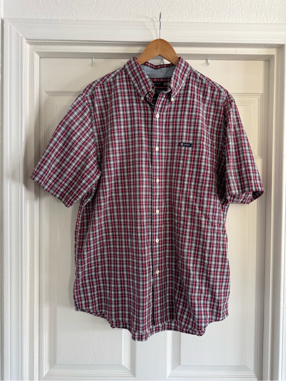 Chaps Short-Sleeve Red and Blue Plaid Button-Up Shirt Size Large
